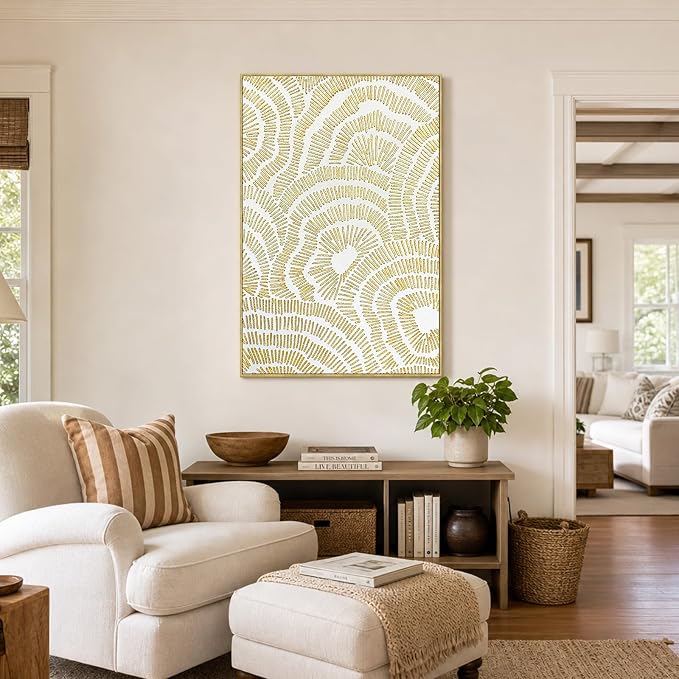 Zessonic Gold Abstract Large 3D Textured Hand Painted Wall Art, 24"x36" | Gold Foil Textured Flower Neutral Wall Decor Framed Modern Luxury Hand Painting Artwork for Home Living Room Bedroom Office
