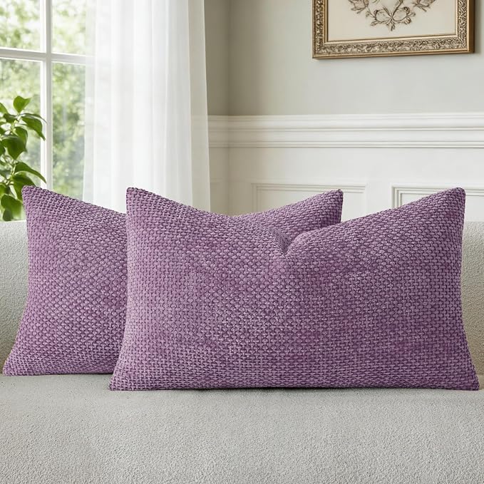 a moment Purple Chenille Throw Pillow Covers 12x20 Inch Pack of 2 Modern Decorative Throw Pillow Covers Farmhouse Cross Covers Home Decor for Sofa Bedroom Living Room