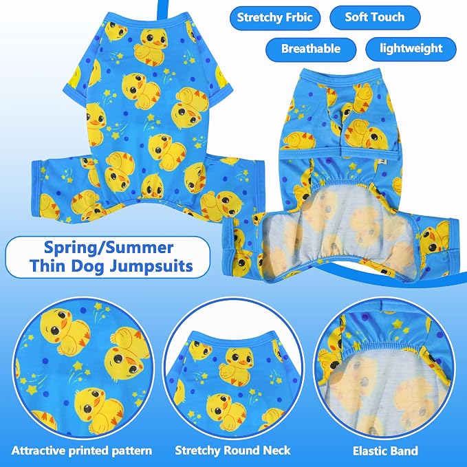 Dog Pajamas Summer Cute Print Puppy Jumpsuit Thin Dog Onesie Small Dog Clothes with Comfy & Elastic Frbic Puppy Pjs(Blue Duck, X-Small)