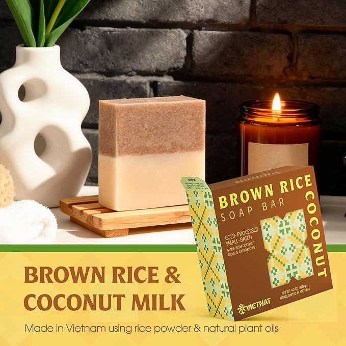 Brown Rice & Coconut Milk 2-in-1 Soap Bar (4.2 oz) | Gentle Exfoliation & Nourishing Cleanse | Cold-Processed, Handmade in Vietnam for Smooth, Fresh Skin