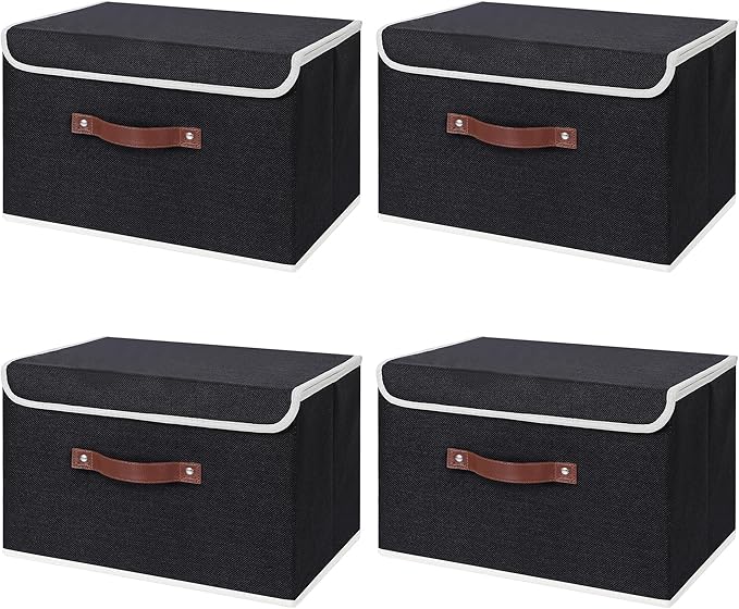 ANMINY Fabric Storage Box Bins with Lids, Black, 15"x10"x10", 4 Pack | Keepsake Memory Storage, Cotton Linen, PP Board Reinforced, Washable, PU Handles, Foldable & Stackable, Decorative, Large