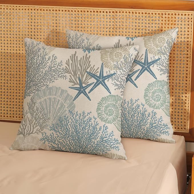 Nautical Coastal Pillow Covers 20x20 Set of 2 Blue Beach Themed Ocean Seashell Coral Starfish Throw Pillows Summer Outdoor Decorative Pillow Cases Linen Cushion Case for Home Bedroom Decor