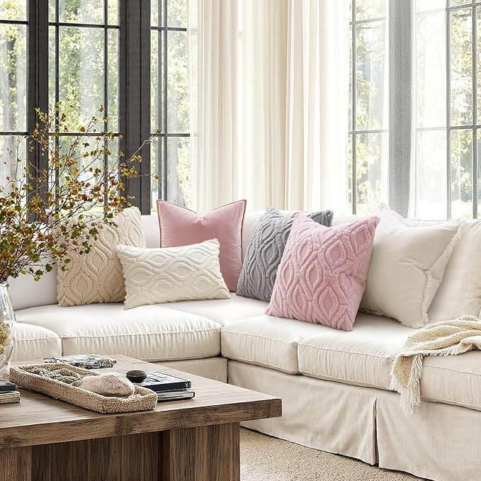 MIULEE Light Pink Soft Plush Faux Wool Euro Throw Pillow Covers 24x24 | Set of 2, Farmhouse Boho Home Decor, Decorative Cushion Covers for Sofa, Living Room, Bed