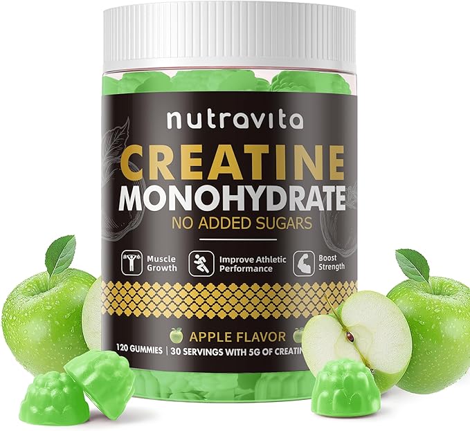 Nutravita Creatine Monohydrate Gummies for Men & Women-5g of Creatine Monohydrate per Serving - Sugar Free,Vegan, Apple Flavor, 120 Count