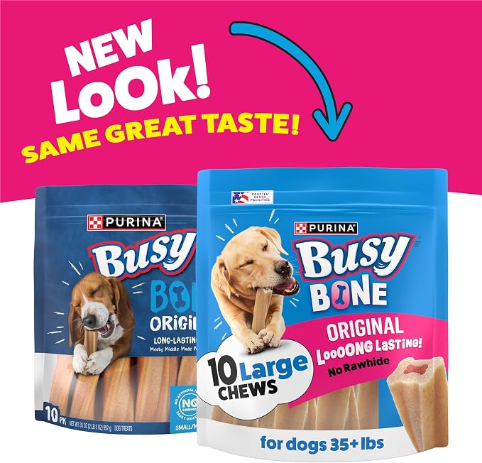 Purina Busy Bone Adult Large Dog Chew Treats, Original, 10 ct Pouch | Rawhide free chew with a real meat center for dogs 35+ lbs, long lasting chew that helps clean teeth