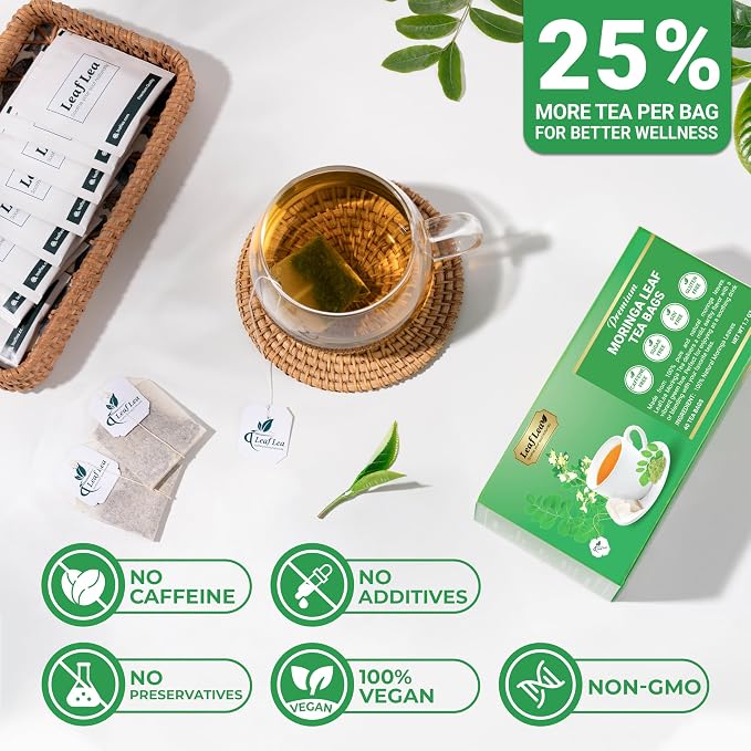 LeafLea Moringa Tea Bags, Pure Moringa Leaf Herbal Tea, 80 Count, 2 Boxes | Mild Earthy Moringa Oleifera Leaves, Foil-Wrapped Fresh, Caffeine-Free, Sugar-Free, Stock-Up Pack of 2