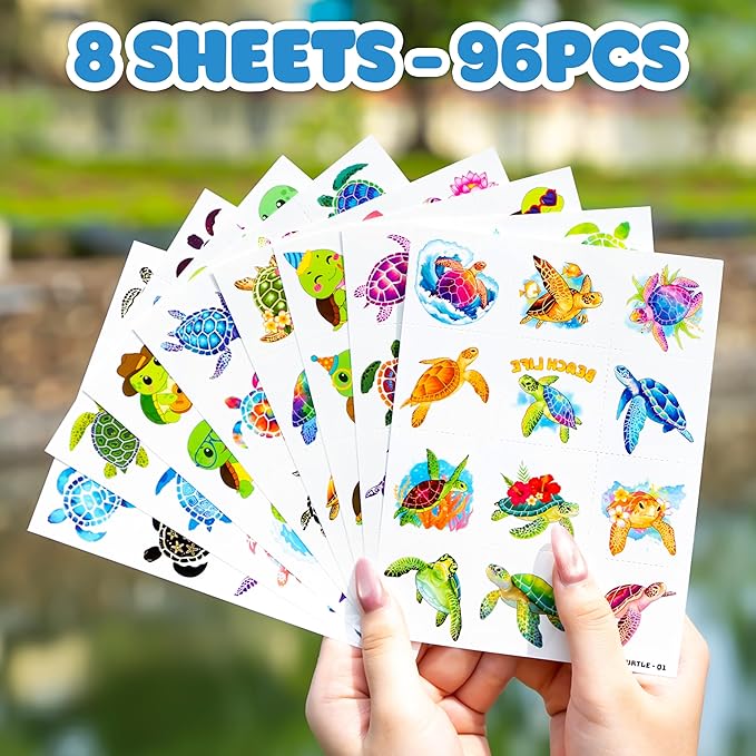 96 PCS Turtle Pre-Cut Temporary Tattoos for Kids | Super Cute First Themed Birthday Party Favors, Supplies, Decorations, Cute Ocean Animal Tattoo Stickers (multiple)