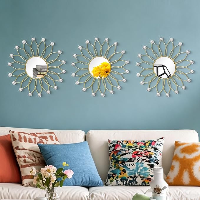 3 Pack Metal Mirrors for Wall Sunburst Wall Mirrors Home Décor Decorative Hanging Wall Art for Living Room Bedroom Entryway (Gold2 Crystal, Flowers)