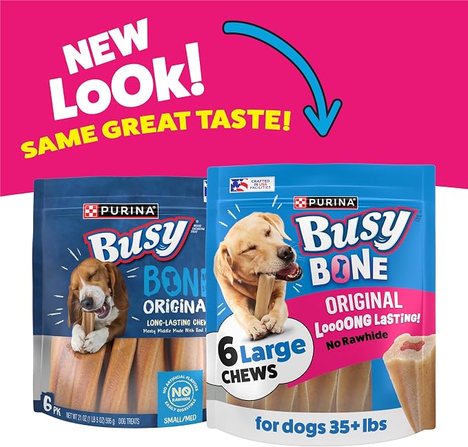 Purina Busy Bone Adult Large Dog Chew Treats, Original, 6 ct Pouch | Rawhide free chew with a real meat center for dogs 35+ lbs, long lasting chew that helps clean teeth