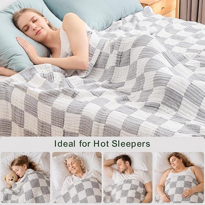 EMME Cooling Muslin Blanket for Adults - Checkered Lightweight Summer Cotton Throw Blankets of Rayon Derived from Bamboo for Hot Sleepers, Soft Breathable Gauze