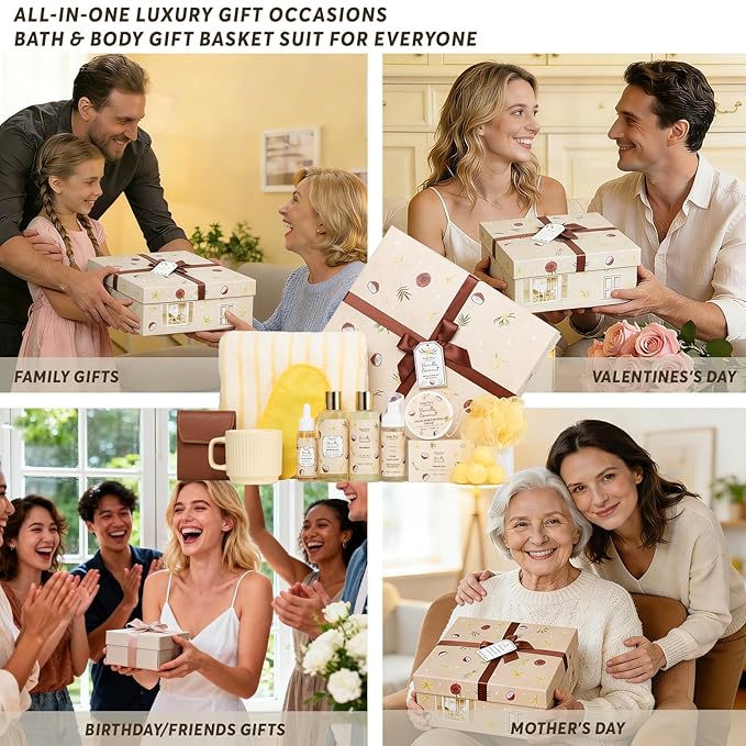 33 Pcs Coconut Vanilla Spa Gift Basket for Women & Men, Face Skin Care Set, XXL Bath & Body Set, Self Care Pamper Kit, Manicure Set, Birthday, Christmas, Valentines, Mother Day, Anniversary