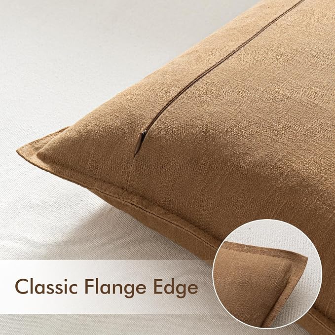 EMEMA Euro Sham Decorative Linen Throw Pillow Covers 24x24 Inch Fall Brown | Boho Farmhouse Neutral Couch Throw Pillows for Bed Pack of 2 Accent Pillowcase Modern Sofa Cushion Livingroom Home Decor