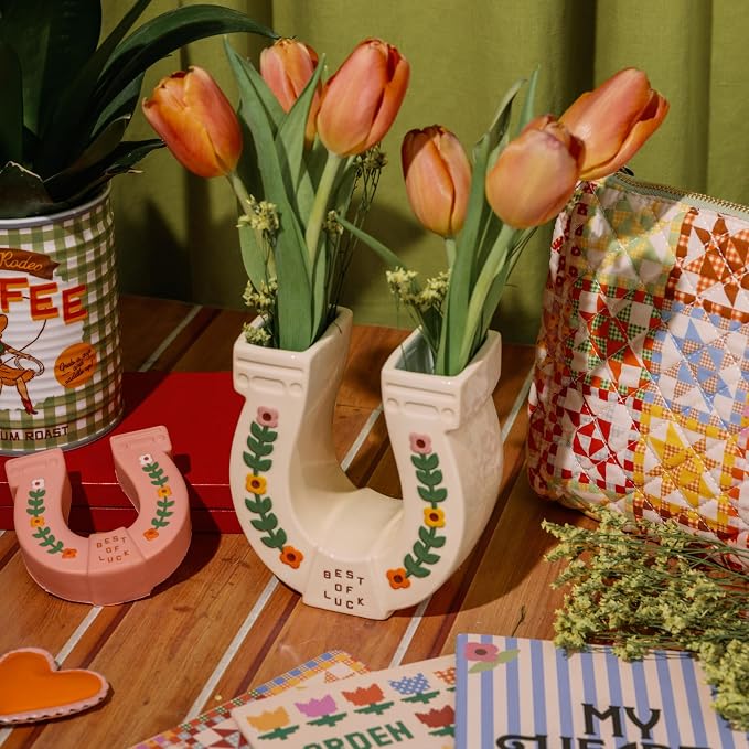 ban.do Novelty Ceramic Planter, Horseshoe | Decorative Flower Cowgirl Vase, Decorative Holder for Indoor Flowers, Cute Cowboy Western Decor, Unique Planter with Quote