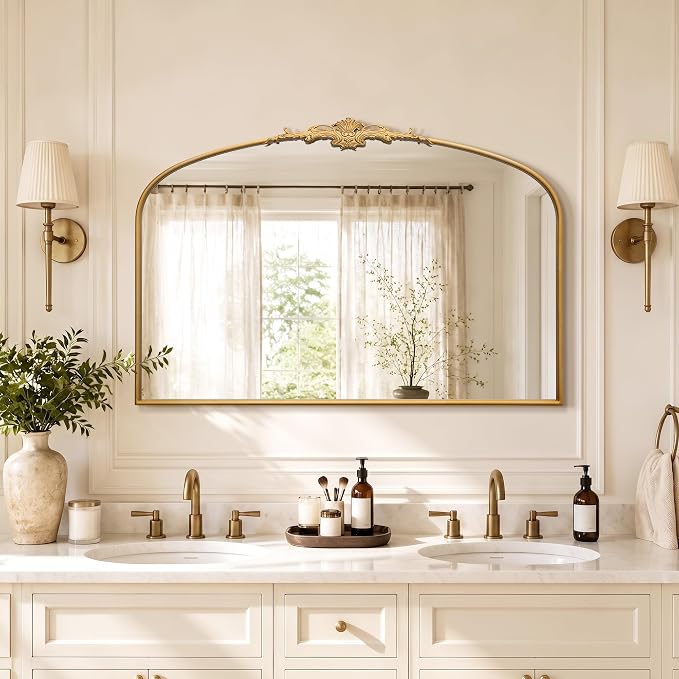 Besdomus Vintage Arched Gold Mirror: 48"x33" Oversized Decorative Mirrors | French Baroque Metal Framed - Traditional Ornate for Home Renovation Decor - Ideal for Foyer/Entryway/Fireplace/Living Room