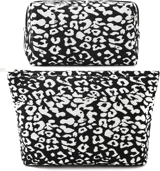 SOIDRAM 2 Pieces Leopard Print Makeup Bag Large Cosmetic Bag Capacity Canvas Mix Travel Toiletry Bag Organizer Cute Makeup Brushes Aesthetic Accessories Storage Bag for Women, Leopard Print Mix Black