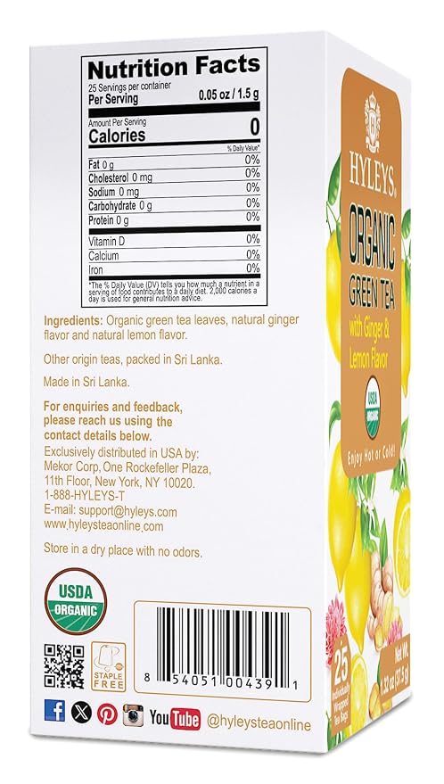 HYLEYS Organic Green Tea, Ginger and Lemon Flavor - 150 Individually Wrapped Tea Bags (6 Pack of 25) - USDA Organic - Kosher & Vegan