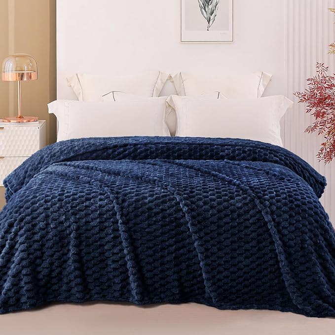Exclusivo Mezcla 3D Fleece California King Blanket for Bed, Navy Blue | Oversized Soft Fuzzy Plush Lightweight Bed Blankets, Cozy Fluffy Decorative Blankets for All Seasons, 120x120 Inches