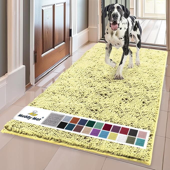 Muddy Mat® | Super Water Absorbent Door Mat Indoor, Microfiber Quick Dry Chenille Entryway Rug, Slip Resistant Front Door Mat, Indoor Mats for Entryway, Machine Washable Pet Rug, Yellow 24" x 72"