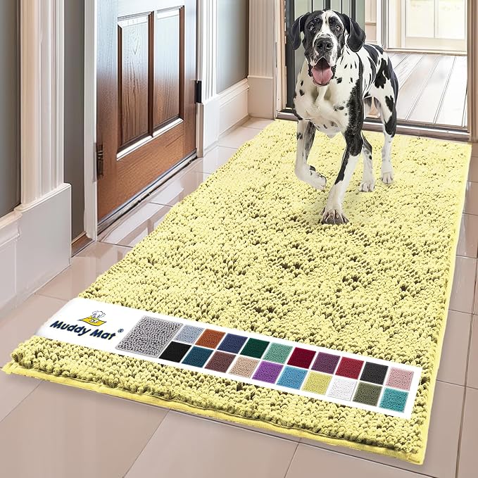 Muddy Mat® | Super Water Absorbent Door Mat Indoor, Microfiber Quick Dry Chenille Entryway Rug, Slip Resistant Front Door Mat, Indoor Mats for Entryway, Machine Washable Pet Rug, Yellow 24"x60"