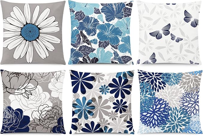 Blue Grey Throw Pillow Covers 20x20 Set of 6, Daisy Floral Home Decor | blue daisy Floral,decorative cushion cover,Breathable Linen,Large Throw Pillow Size,Spring Decor,Couch Sofa Living Room
