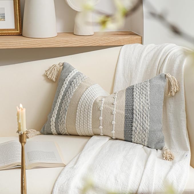 Decorative Lumbar Throw Pillow Cover 14x24 Boho Gray Accent Cushion for Couch Sofa Farmhouse Pillowcase for Bedroom Living Room Home Décor Cover ONLY