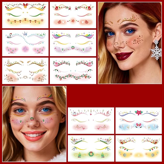 Christmas Temporary Tattoos Snowflake Bow Bell Blush Face Tattoos Mixed Styles Cartoon Santa Claus Eye Fake Tattoos Cute Stickers Waterproof Face Stickers for Girls Body Art Makeup 10 Sheets