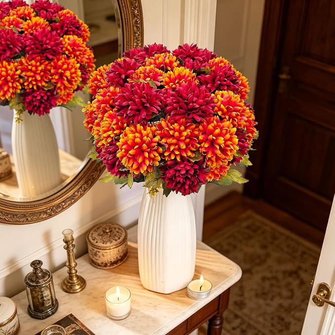 4 Bundles Large Artificial Fall Flowers Faux Mums for Outdoor Planters | Silk Fake Chrysanthemums Bouquet for Home Vase Outside Front Porch Table Floral Arrangement Wedding Autumn Decor