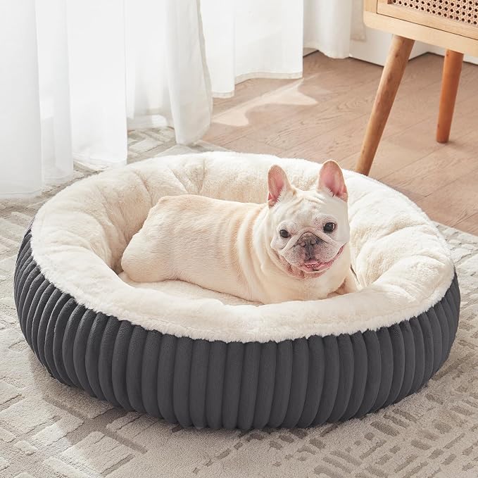 30 inches Calming Donut Dog Bed for Medium Dogs,Charcoal | Round Pet Bed with Removable&Washable Cover,Milk Plush Faux Fur, Fits Pets up to 30 lbs