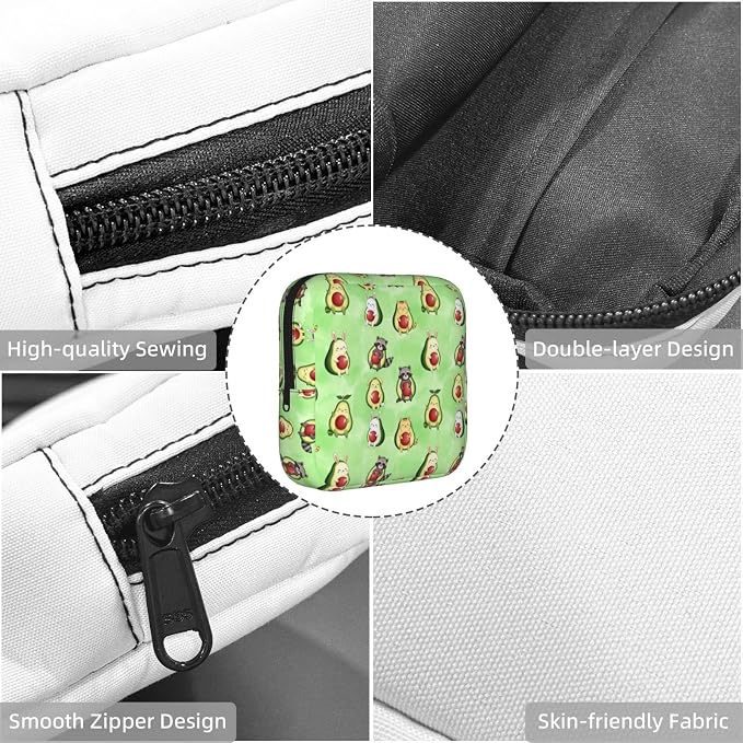 Travel Friendly Menstrual Organizer Cute Avocado Animals, Minimal Compact Structure, Discreet Care Pouch for Feminine Daily Necessities Packing