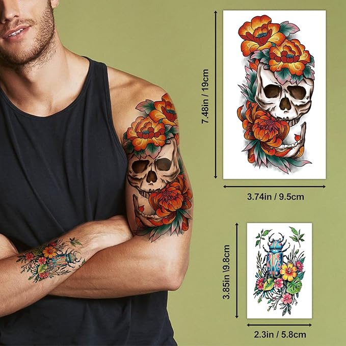 77 Sheets Temporary Tattoo for Women Men, 17 Sheets Half Arm Skull Fox Tiger Cat Parrot Snake Fake Tattoos, 60 Sheets Vintage Traditional Tiny for Adult Kids Body Tattoos Stickers Waterproof Realistic