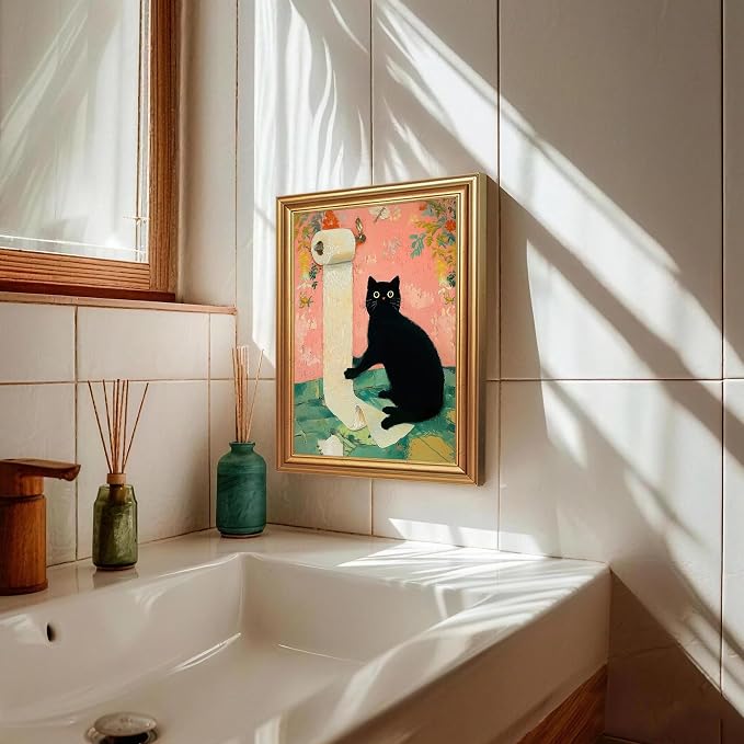 ICHZUMW Gold Framed Funny Black Cat Toilet Paper Canvas Wall Art, 8x10 In | Quirky Cat Print Humorous Pink Bathroom Wall Decor, Restroom Powder Room Guest Toilet, Fade Resistant, Ready to Hang