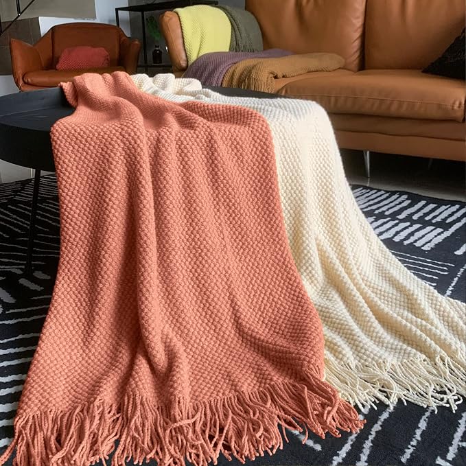 LOMAO Knitted Throw Blanket with Tassels Bubble Textured Lightweight Throws for Couch Cover Home Decor (Coral, 50x60)