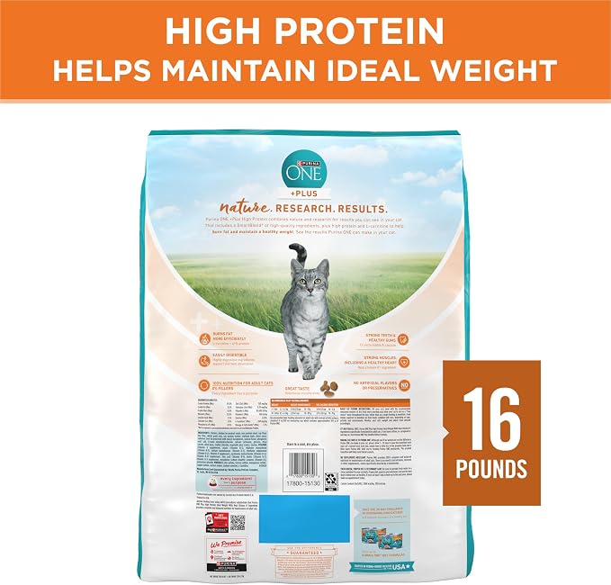 Purina ONE Healthy Weight Dry Cat Food, High Protein, 16 lb Bag | Made with real chicken and L-carnitine to help burn fat, antioxidants for immune support and calcium for strong teeth