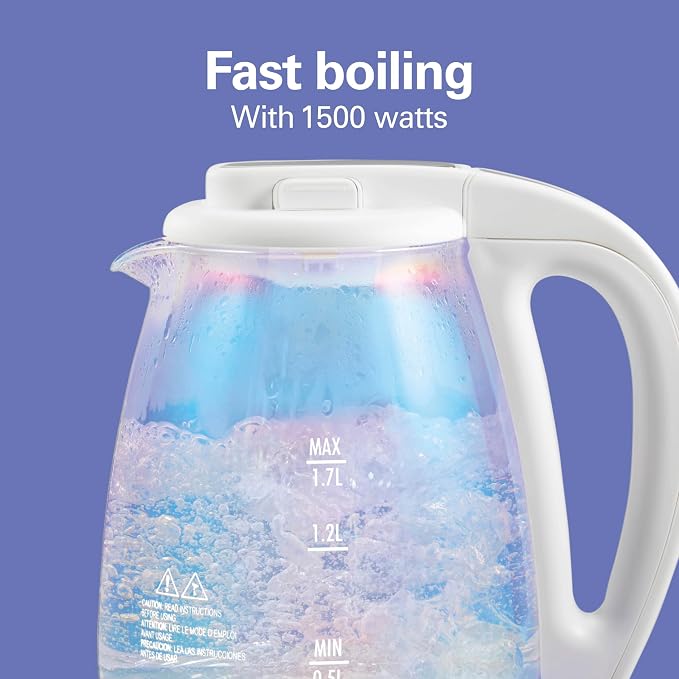 Hamilton Beach 1.7L Electric Tea Kettle, Water Boiler & Heater, LED Indicator, Built-In Mesh Filter, Auto-Shutoff & Boil-Dry Protection, Cordless Serving, Iridescent Clear Glass (41055)