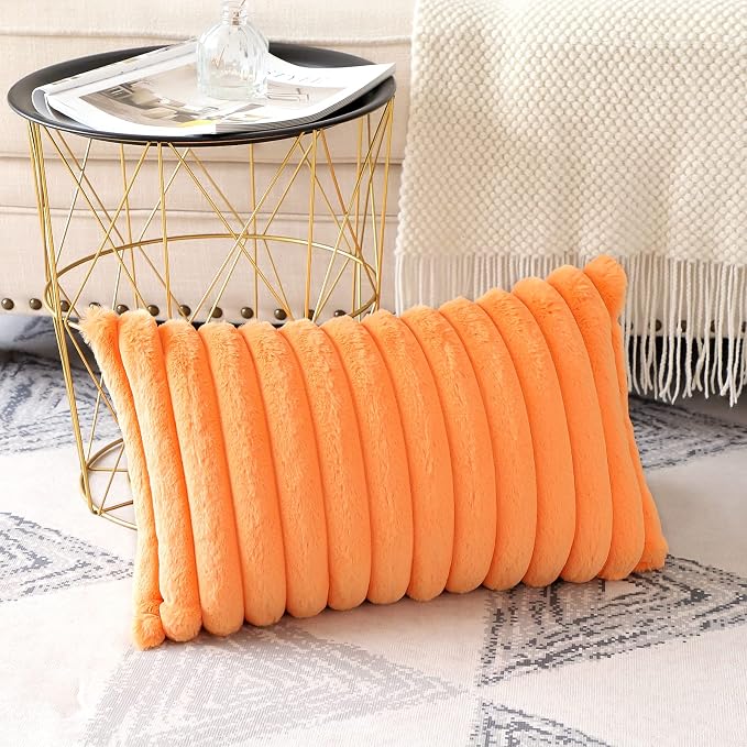 Soleebee Set of 2 Throw Pillow Covers Soft Cozy Velvet Pillowcase Faux Rabbit Fur Cover for Couch Sofa Bed Chair Home Decorative Pillows Cover (12x20 Inch, Orange)