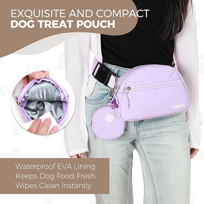Dog Treat Pouch Pet Training Walking Fanny Pack with Built-in Poop Bag Dispenser & Waste Bag Holder | Stylish Puppy Training Essentials Supplies | Free Dog Clicker (Lavender)