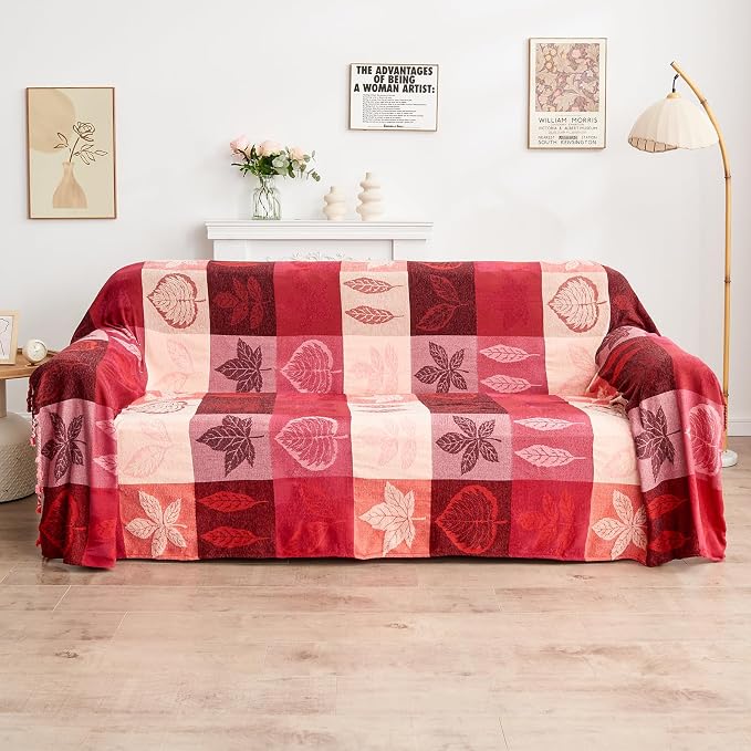 Bohemian Chenille Jacquard Tassel Throws - Reversible Red&Pink Maple Leaf Design for Boho Hippie Vibes - Oversized Blankets for Large Couch, Furniture, Sofa, Chair…