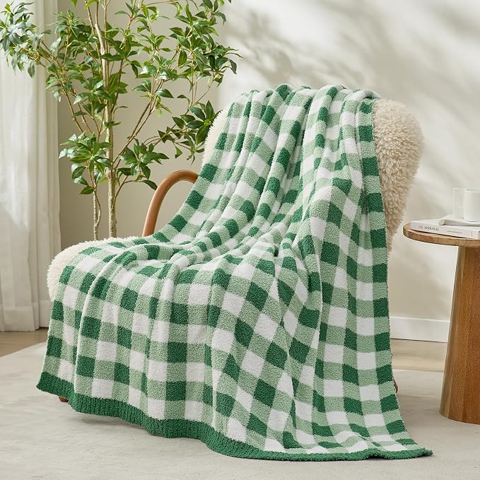 Snuggle Sac Buffalo Plaid Bedding Blanket Twin Size, Super Soft, Cozy Warm Knit Decorative Blankets, Reversible Plaid Fluffy Throws for Bed, Plaid Green, 60x80 Inches