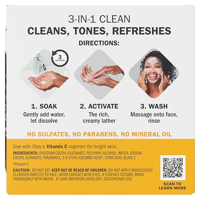 Olay Face Wash, Vitamin C Cleansing Melts, Daily Use Gentle Cleanser, For All Skin Types, Travel Size, Soft Citrus Scent, Water-Activated to Clean, Tone, and Refresh, 64ct (x 32ct), (Pack of 4)