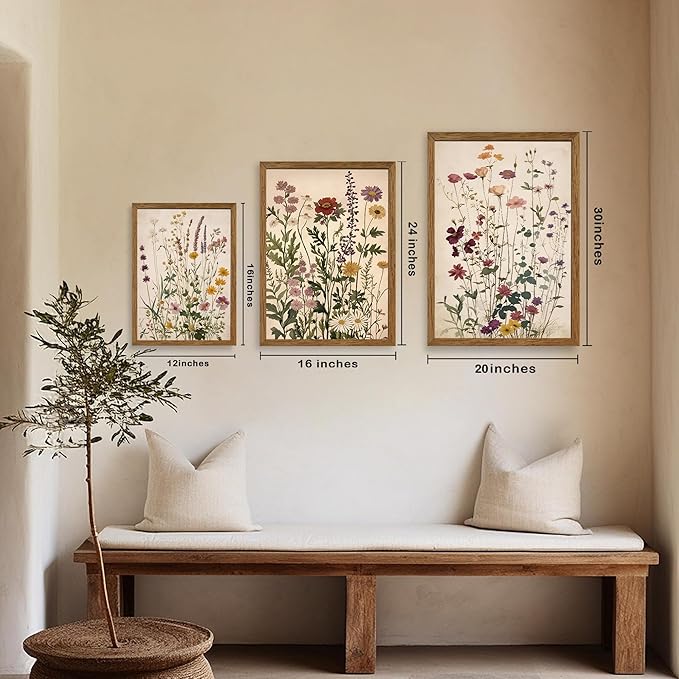 WRFON Botanical and Flower Canvas Wall Art, Framed Wildflower Wall Art Set of 3, Vintage Meadow Flower Canvas Prints, Cottagecore Floral Decor for Living Room Bedroom Bathroom Farmhouse Home, 12x16