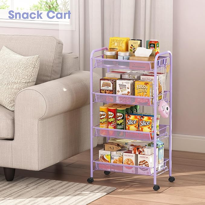 TOOLF 4 Tier Rolling Cart, Metal Utility Storage Cart with Wheels, Purple | 3 Hooks, Screwless Assembly, Trolley Organizer for Bathroom, Kitchen, Office, Nursery, Dorm, Laundry Room