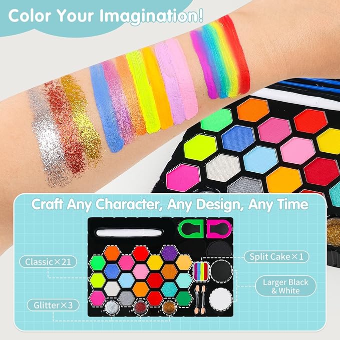 Face Painting Kit for Kids 24 Colors Water-Based Non-Toxic Face Paint Palette With Brushes&Stencils, Hair Chalk, Gems, Glitters, Crayon, Halloween Makeup Kit for Parties, Cosplay, Face Body Art