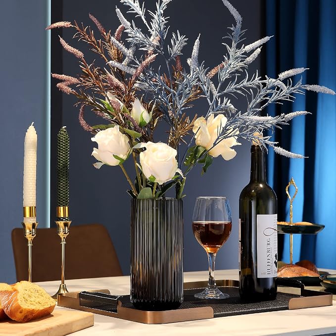 Small Cylinder Ribbed Brown Glass Flower Vase for Farmhouse Dining Table Centerpieces Decor