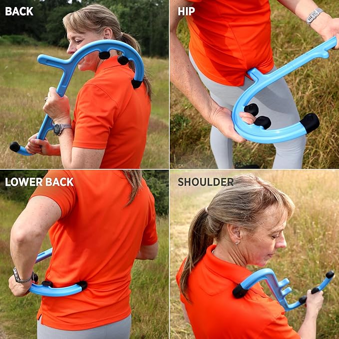Tiger Tail Tiger Cane Back & Neck Massager – Trigger Point Deep Tissue Acupressure Therapy Cane Massage Hook with 7 Gription Knobs, 2-Piece Massage Tool for Muscle Knot & Shoulder Pain Relief, Blue