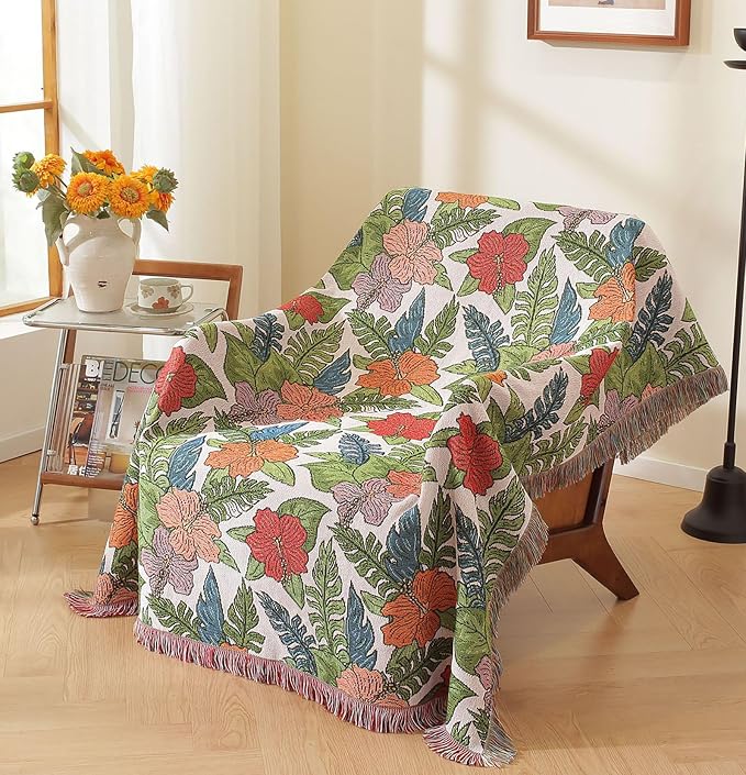 Homesy Boho Floral American Pastoral Southwest Throw Blanket 51"x63" | Southwest Decor,Modern Flower,Sofa Chair Cover,Outdoor Beach Car Tent Travel Camping Use,Tapestry,Reversible and Tassels