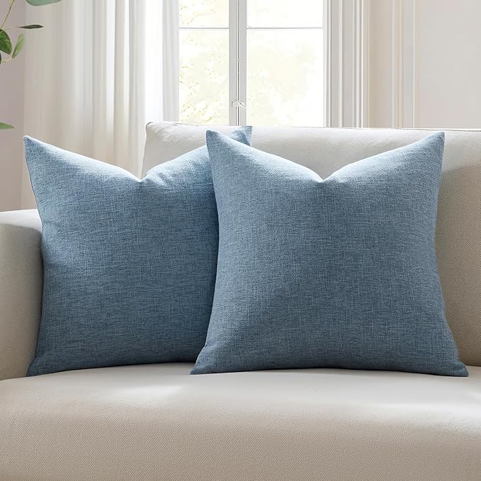 Meekio Set of 2 Slate Blue Throw Pillow Covers 18x18, Coastal Linen Blend Decorative Pillow Covers for Couch Sofa Bed, Beach House Farmhouse Decor