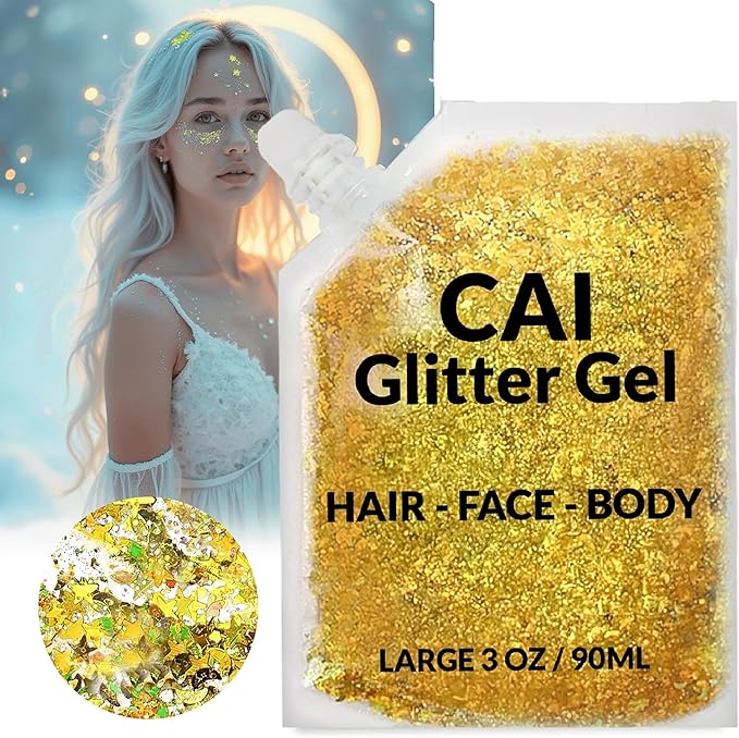 Face, Body & Hair Glitter Gel – Halloween Glitter for Kids and Women – 3 Oz Cosmetic-Grade Gel w/Moon & Stars for Festivals & Halloween Party, Easy Apply & Wash Off - Gold 2Pack