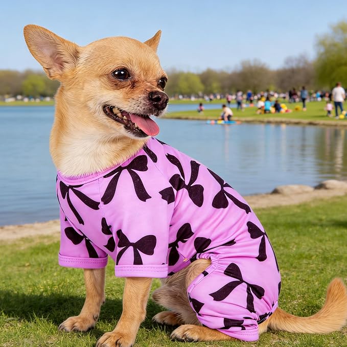 Dog Pajamas Summer Cute Print Puppy Jumpsuit Thin Dog Onesie Small Dog Clothes with Comfy & Elastic Frbic Puppy Pjs(Violet Bowknot,Large)
