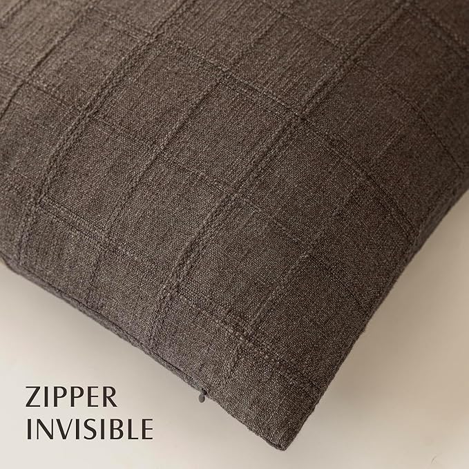 Foindtower Set of 2 Decorative Linen Check Throw Pillow Covers Neutral Farmhouse Vintage Cushion Covers Modern Boho Home Decor for Sofa Chair Couch Bedroom Living Room,20×20 Inch,Dark Brown
