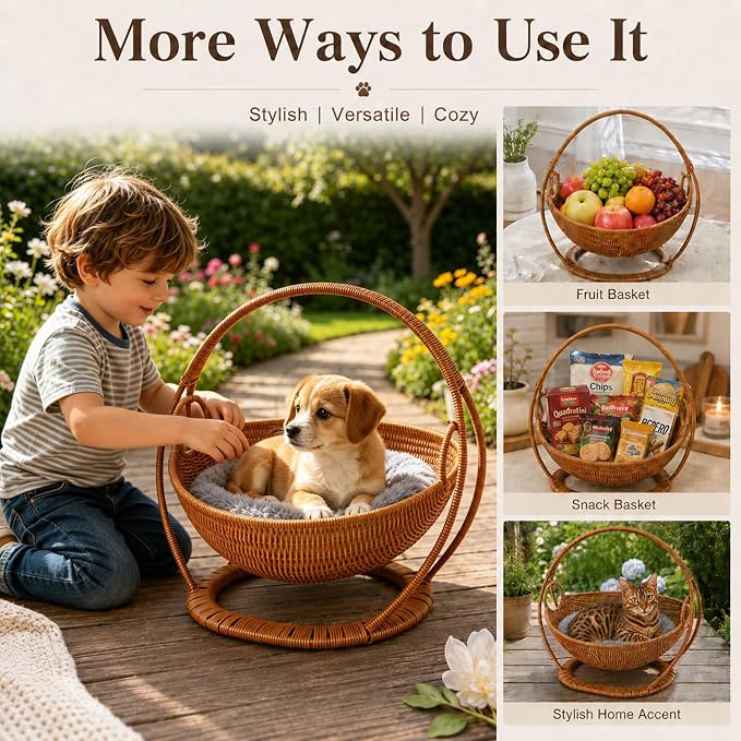 Wicker Cat Bed Elevated Cat Lounger Multifunctional Pet Furniture with Removable Cushion for Indoor Pets